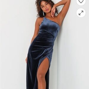 Lulus Elegant Era Dark Slate Blue Velvet One-Shoulder Maxi Dress